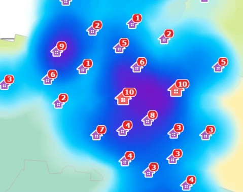 Example of heatmap display on HTML5-compatible browser (distribution density of establishments)