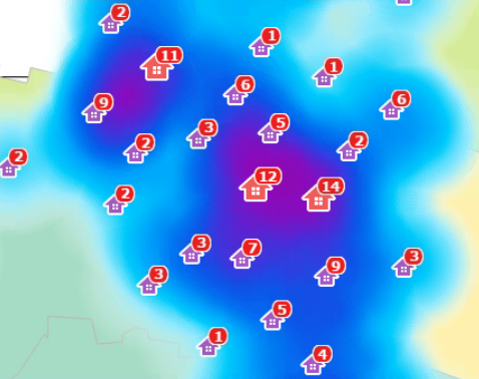 Example of heatmap display on HTML5-compatible browser (distribution density of establishments)