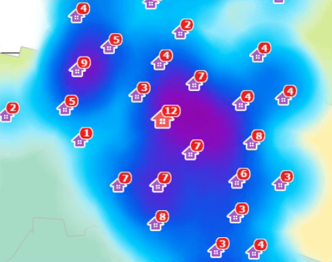 Example of heatmap display on HTML5-compatible browser (distribution density of establishments)